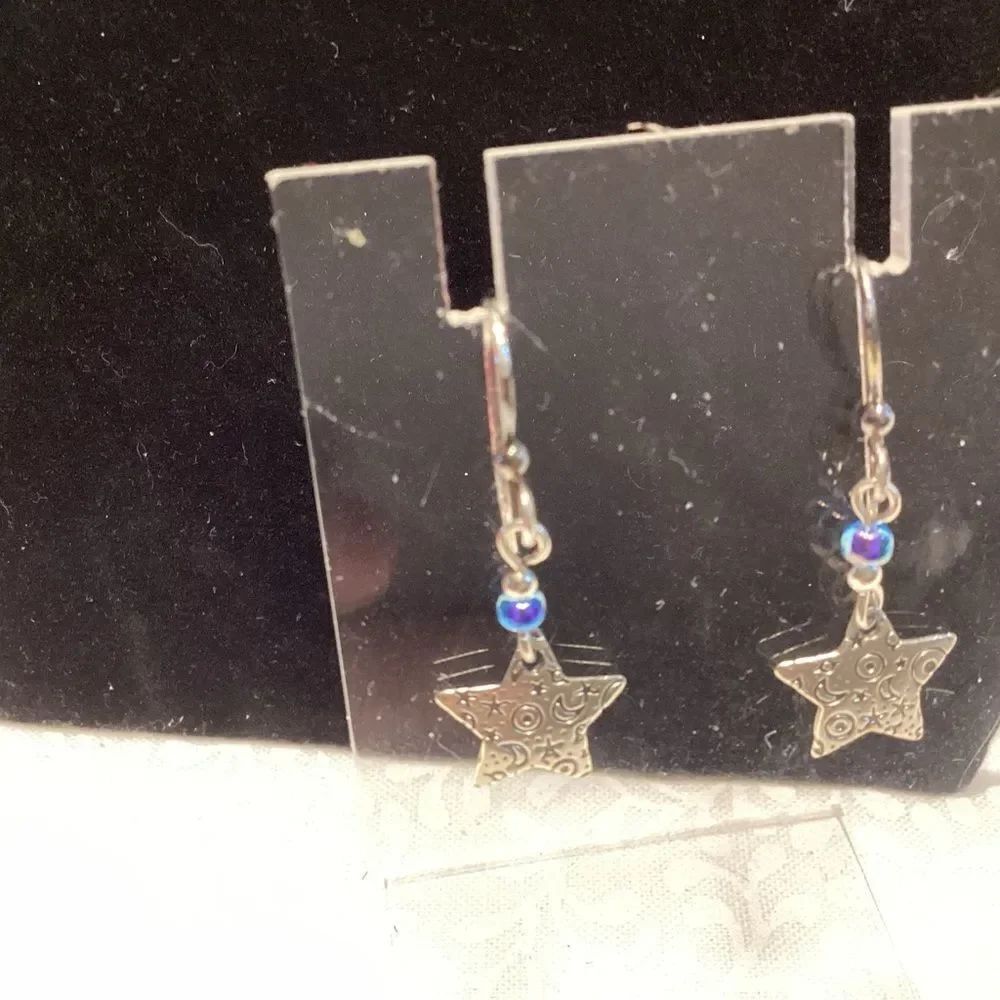 Silvertone Petite Star Dangle Earrings with Blue Accent